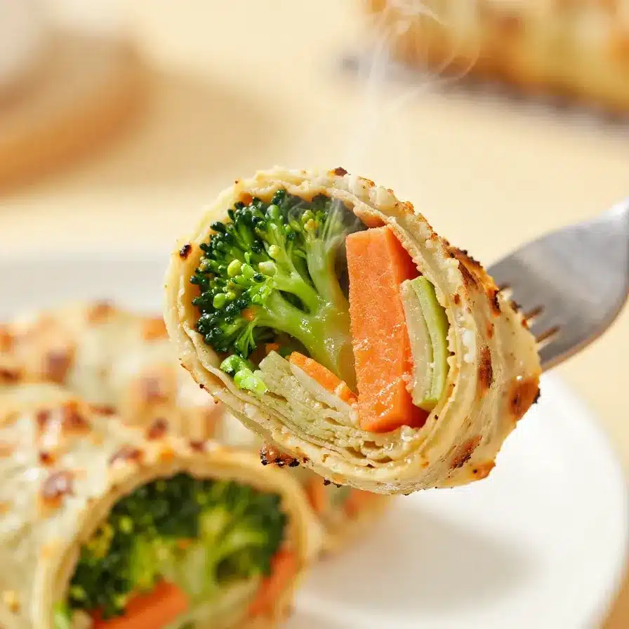 Colorful vegan veggie pinwheels filled with broccoli and carrots on a wooden cutting board.