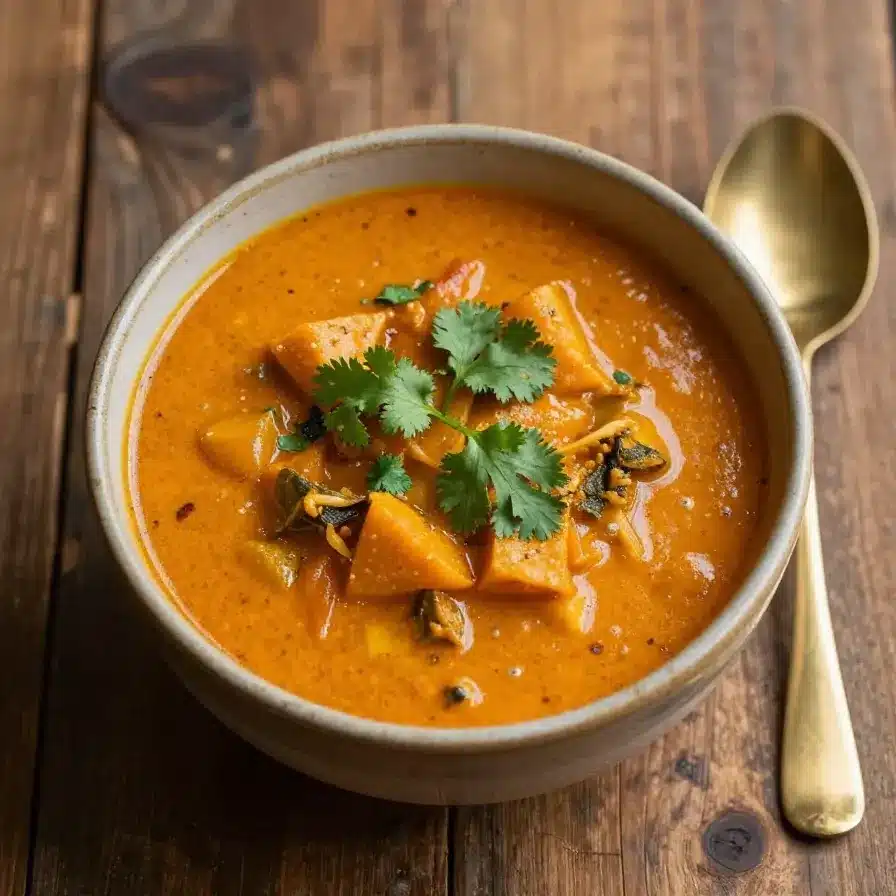 Slow Cooker Veggie Curry Soup 5 A bowl of slow cooker veggie curry soup garnished with fresh cilantro and lime slices
