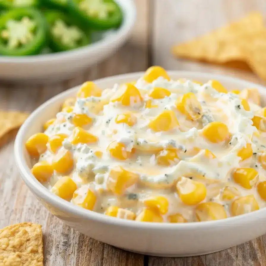 A creamy and colorful crack corn dip served in a bowl with tortilla chips on the side.