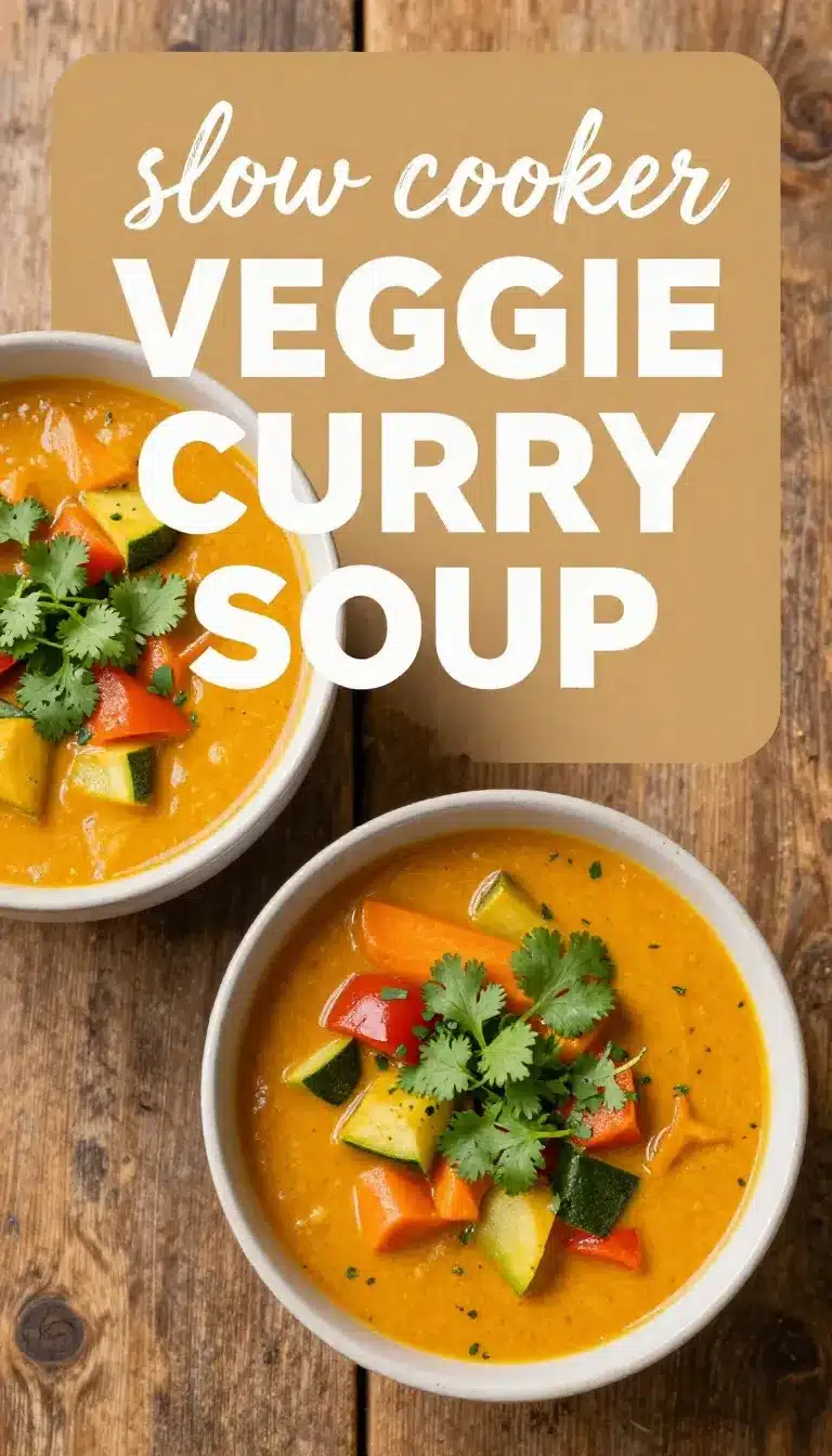 Slow Cooker Veggie Curry Soup 8 A bowl of slow cooker veggie curry soup garnished with fresh cilantro and lime slices
