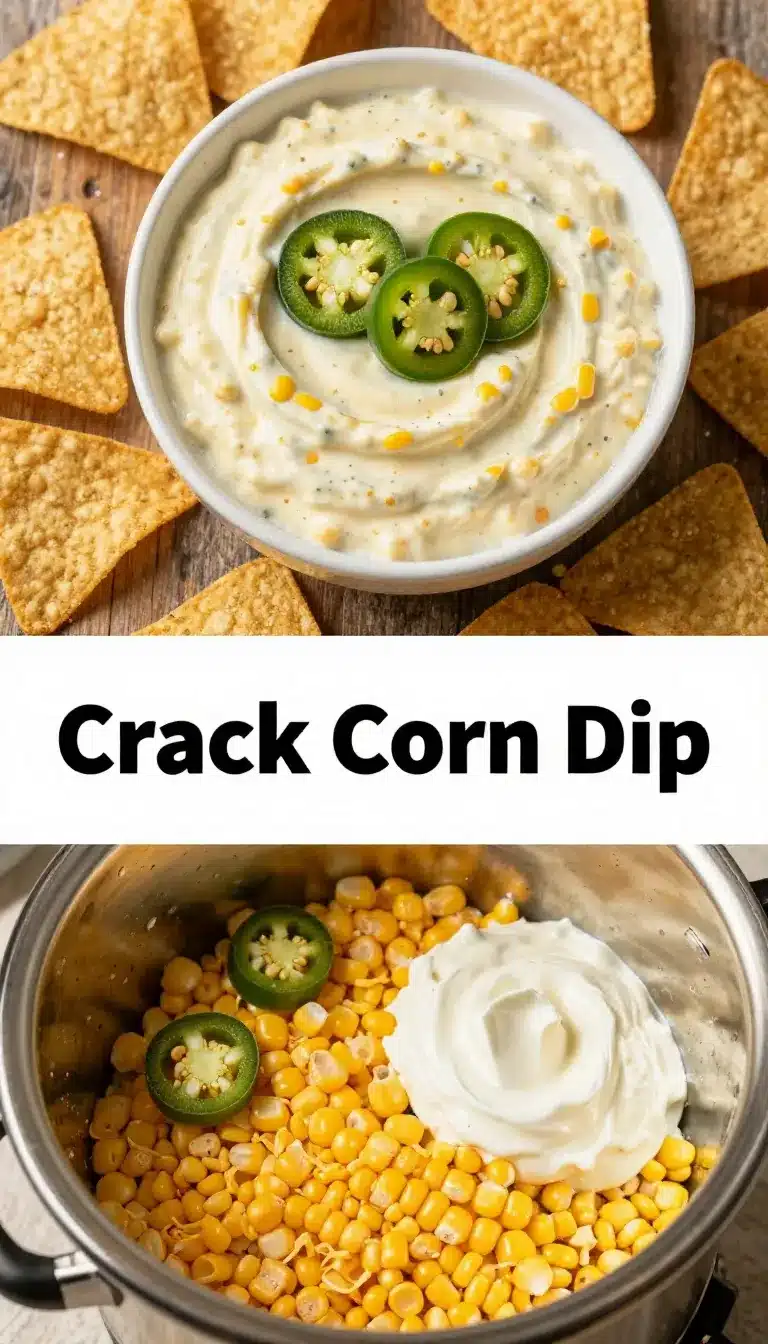 A creamy and colorful crack corn dip served in a bowl with tortilla chips on the side.