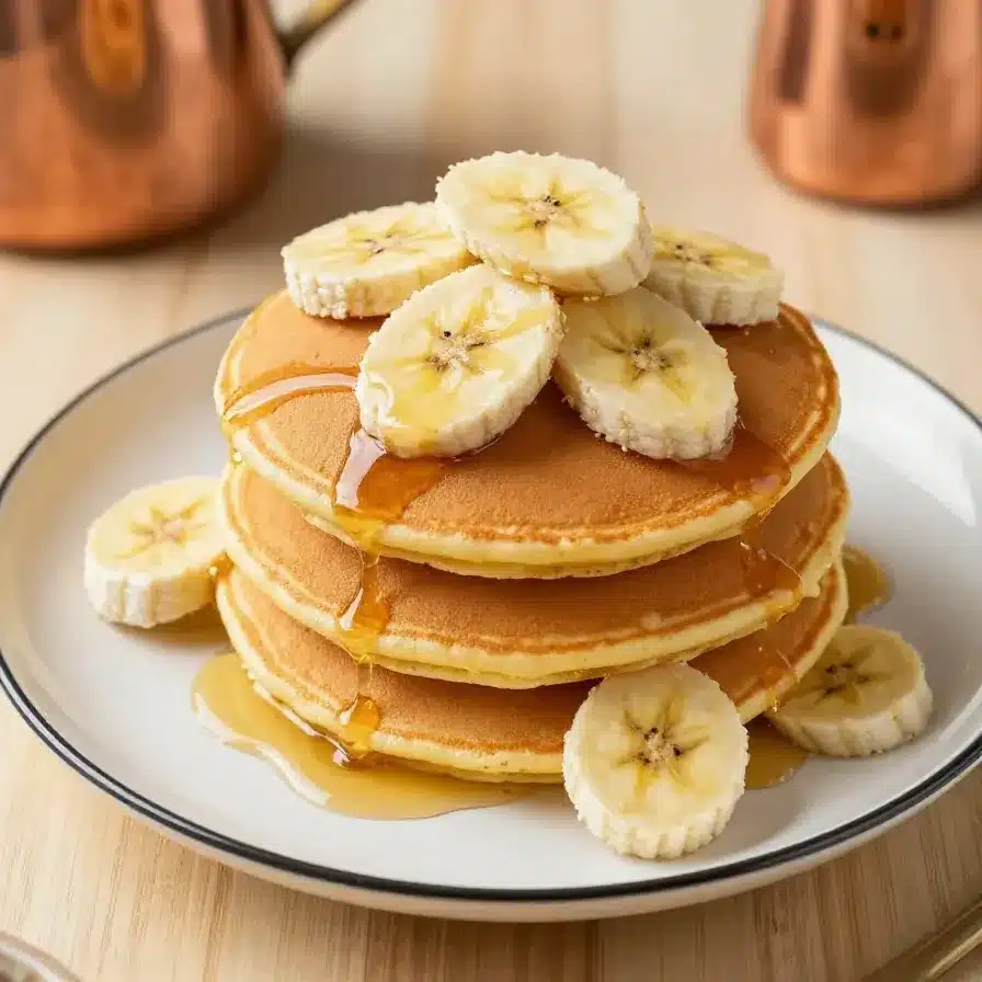 3 Ingredient Banana Pancakes 5 Fluffy banana pancakes stacked on a plate with fresh banana slices
