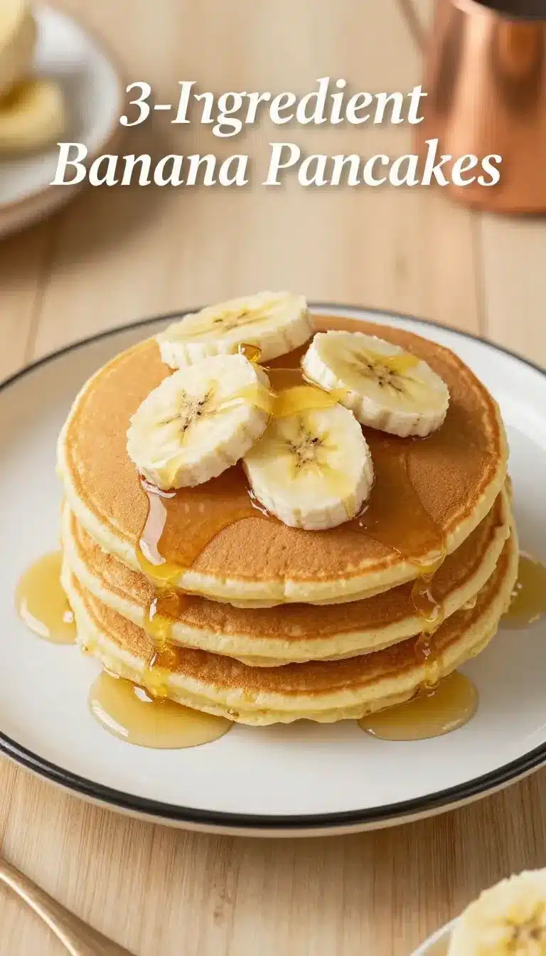 3 Ingredient Banana Pancakes 8 Fluffy banana pancakes stacked on a plate with fresh banana slices