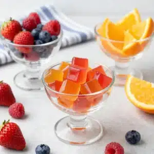 A bowl of vibrant, colorful homemade jello made with fresh fruit slices.