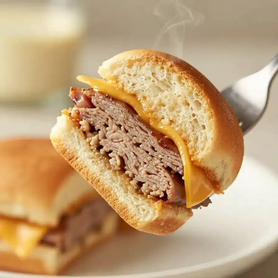A plate of delicious ham and cheese sliders with melted cheese and garnishes