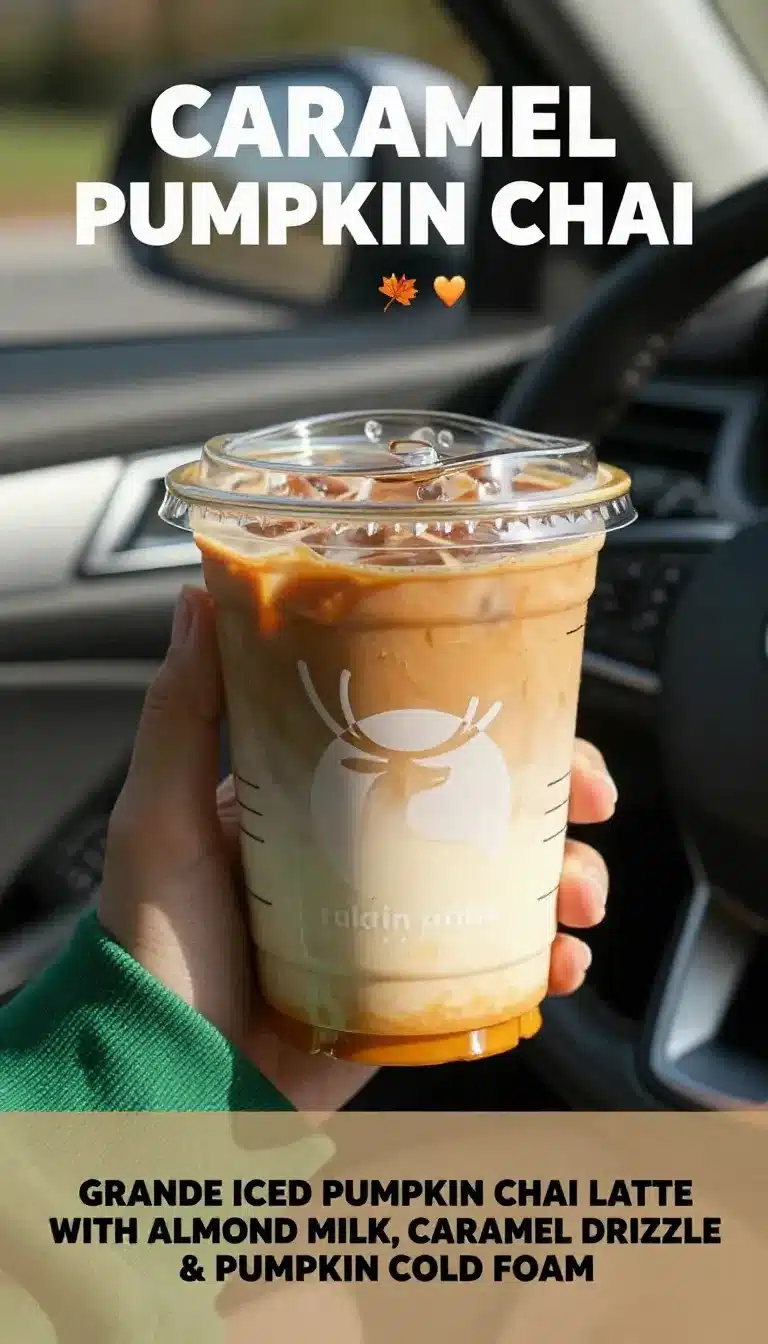 Caramel Pumpkin Chai Latte with Pumpkin Cold Foam 8 A delicious Caramel Pumpkin Chai Latte topped with creamy pumpkin cold foam