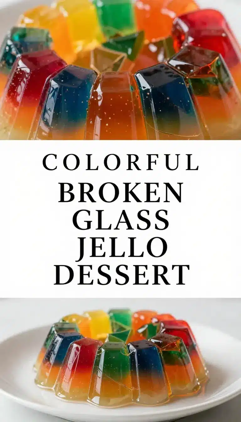 Colorful broken glass jello dessert served in a glass dish.