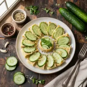 Close-up of cucumber dill pinwheel appetizers neatly arranged on a white plate.