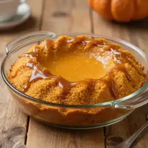 A slice of pumpkin spice poke cake topped with whipped cream and sprinkled with cinnamon.