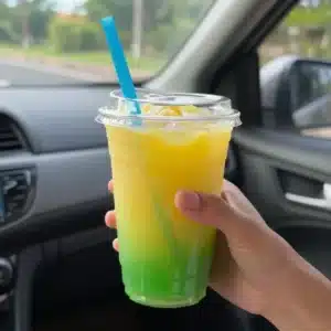 A vibrant energy drink made with fresh fruits and herbs in a glass