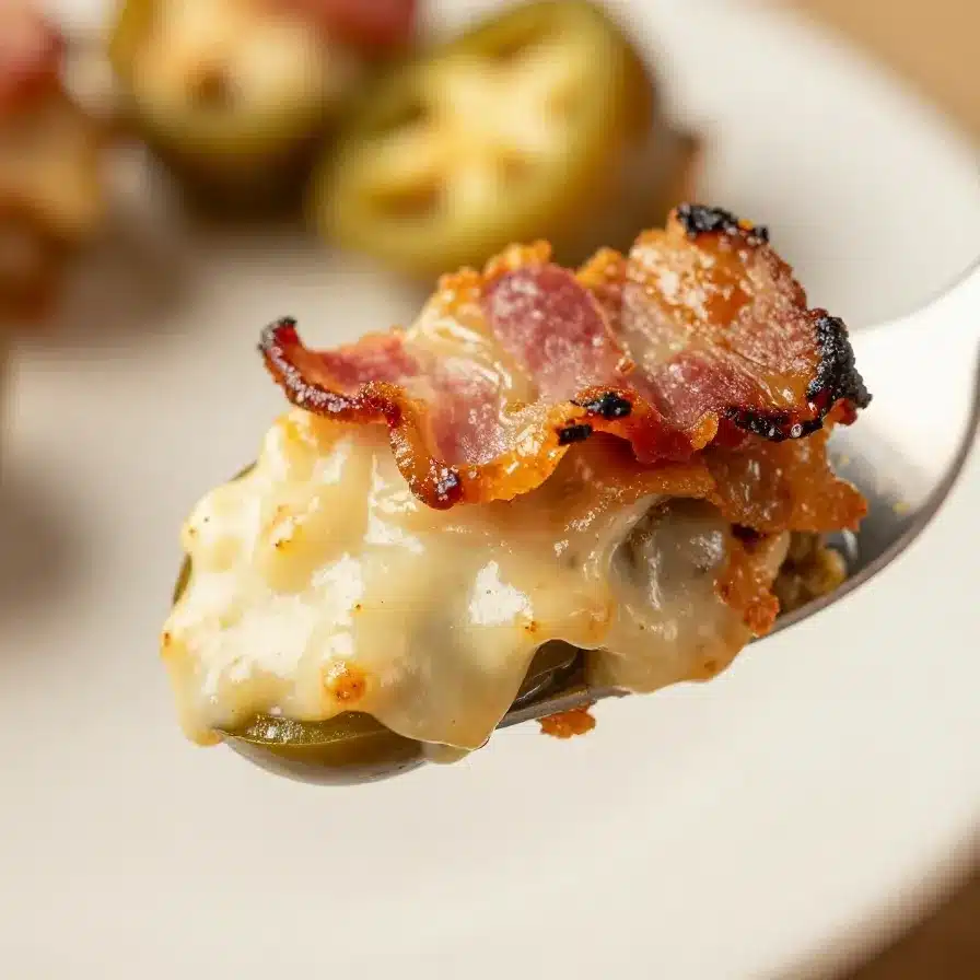 A plate of crispy jalapeno poppers wrapped in bacon, served on a wooden table.