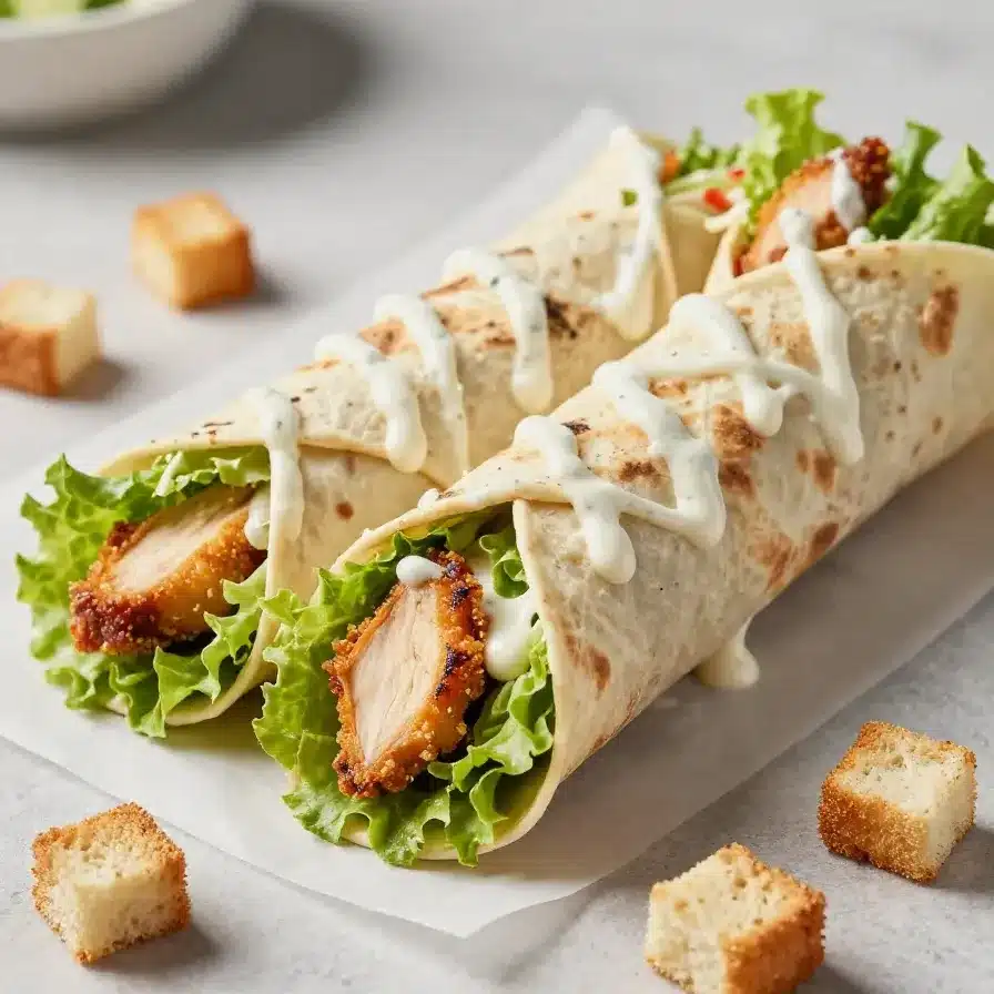 Quick and Flavorful Chicken Caesar Wraps for an Easy Meal 5 A delicious Chicken Caesar wrap filled with grilled chicken, lettuce, and Caesar dressing, served on a wooden cutting board.