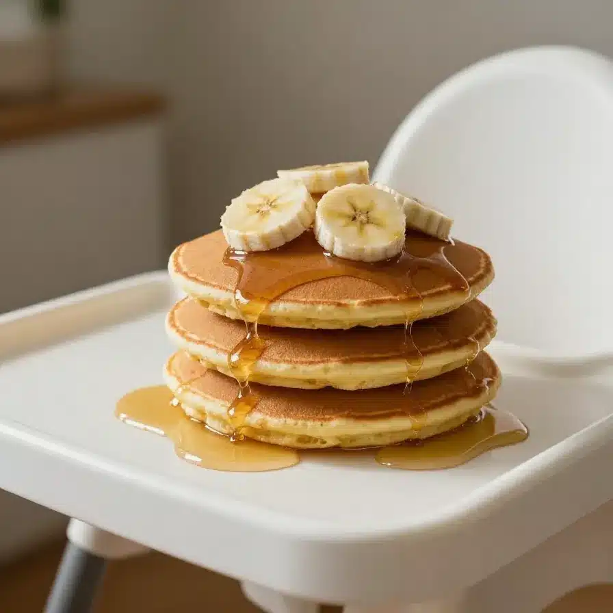Baby and Toddler Approved Banana Pancakes 5 A stack of fluffy banana pancakes topped with sliced bananas and a drizzle of syrup, served on a white plate.