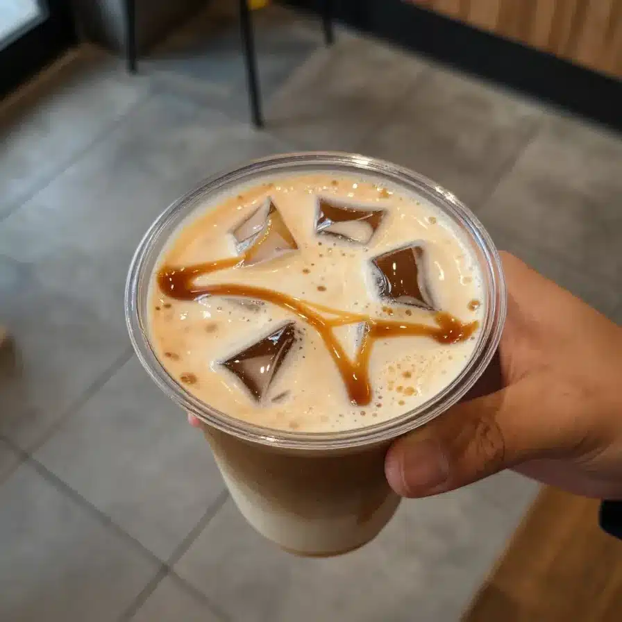 Starbucks White Mocha and Caramel Drink 5 A Starbucks cup filled with white mocha and caramel drink topped with whipped cream.