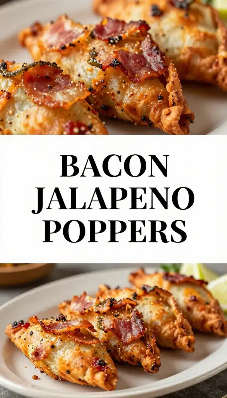 A plate of crispy jalapeno poppers wrapped in bacon, served on a wooden table.