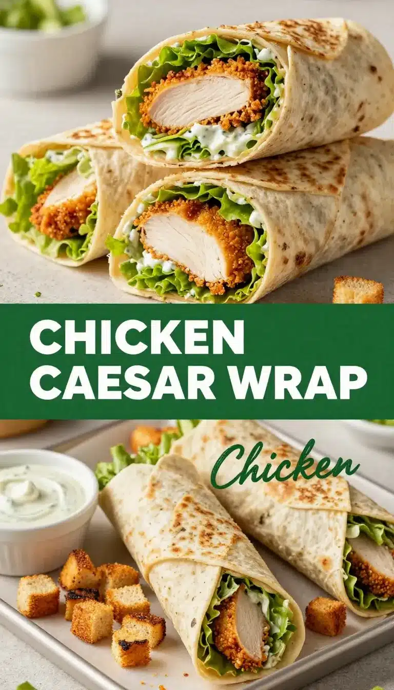 Quick and Flavorful Chicken Caesar Wraps for an Easy Meal 8 A delicious Chicken Caesar wrap filled with grilled chicken, lettuce, and Caesar dressing, served on a wooden cutting board.