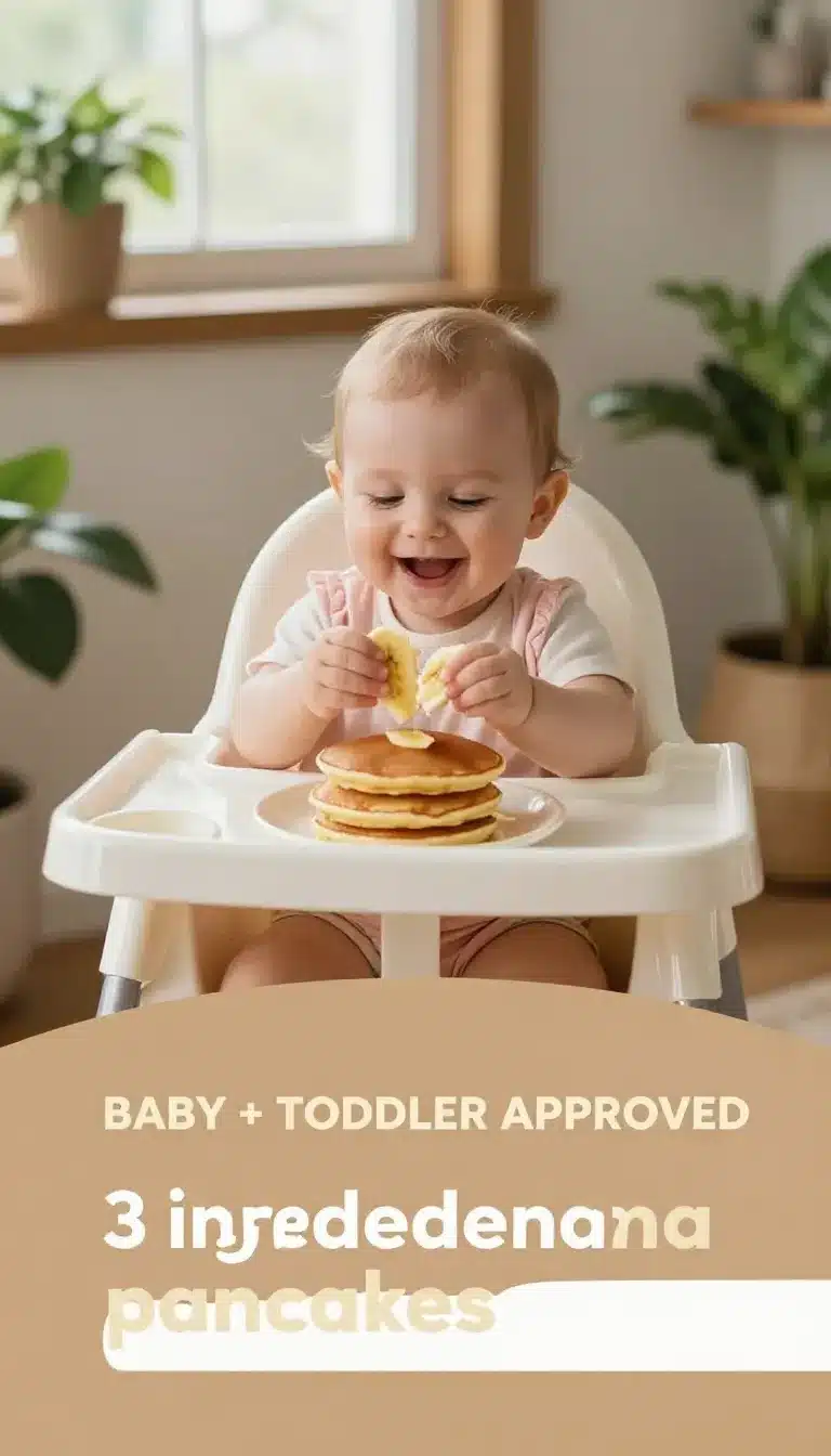 Baby and Toddler Approved Banana Pancakes 9 A stack of fluffy banana pancakes topped with sliced bananas and a drizzle of syrup, served on a white plate.