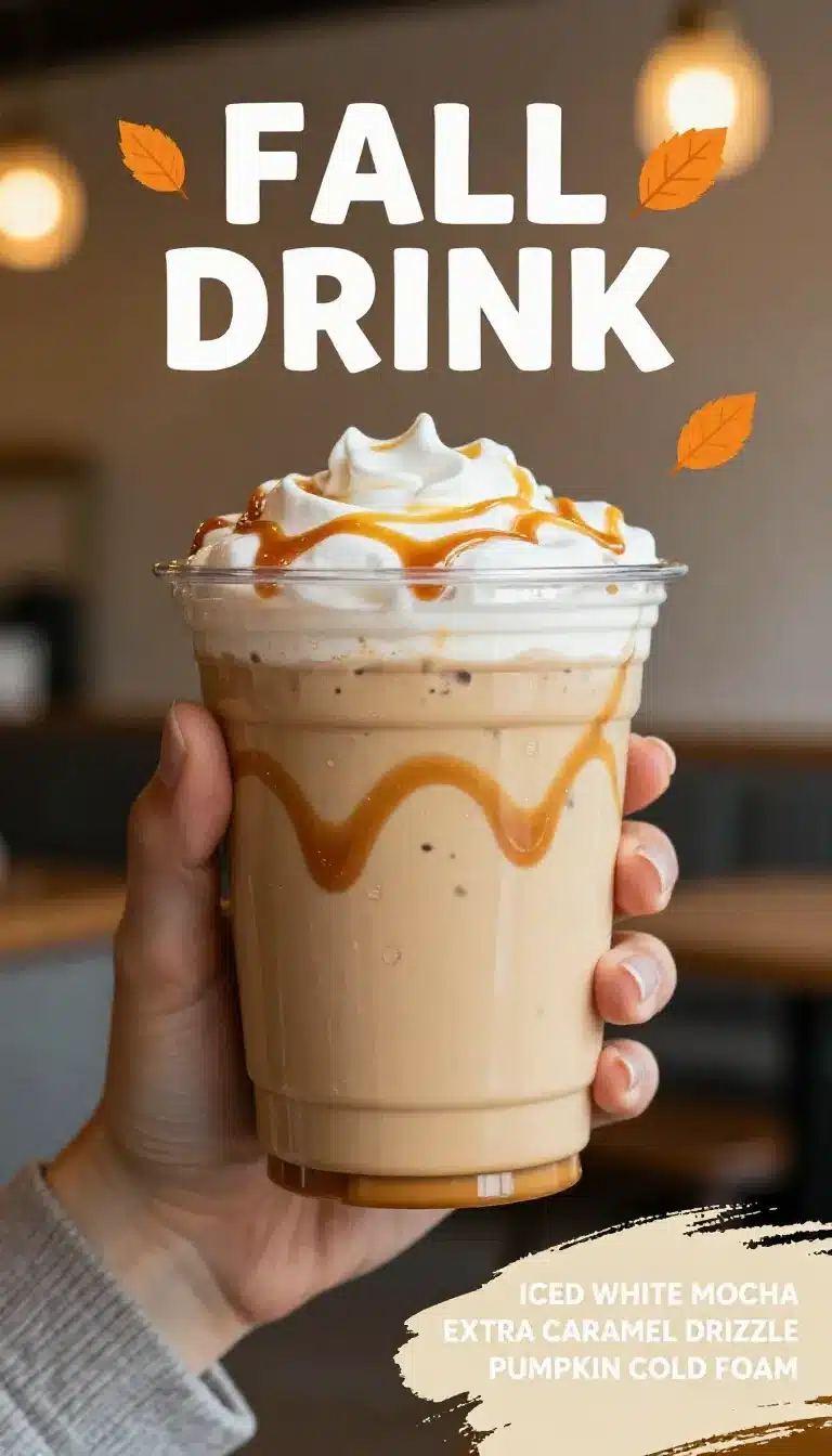 Starbucks White Mocha and Caramel Drink 9 A Starbucks cup filled with white mocha and caramel drink topped with whipped cream.