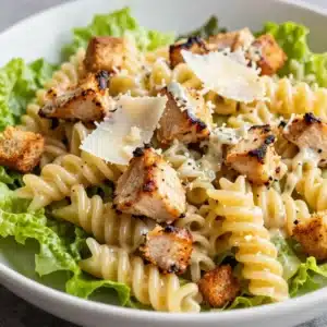 A vibrant bowl of chicken Caesar pasta salad with fresh greens and croutons