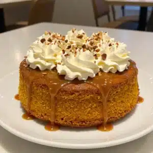 A slice of moist caramel pumpkin poke cake topped with whipped cream and caramel drizzle