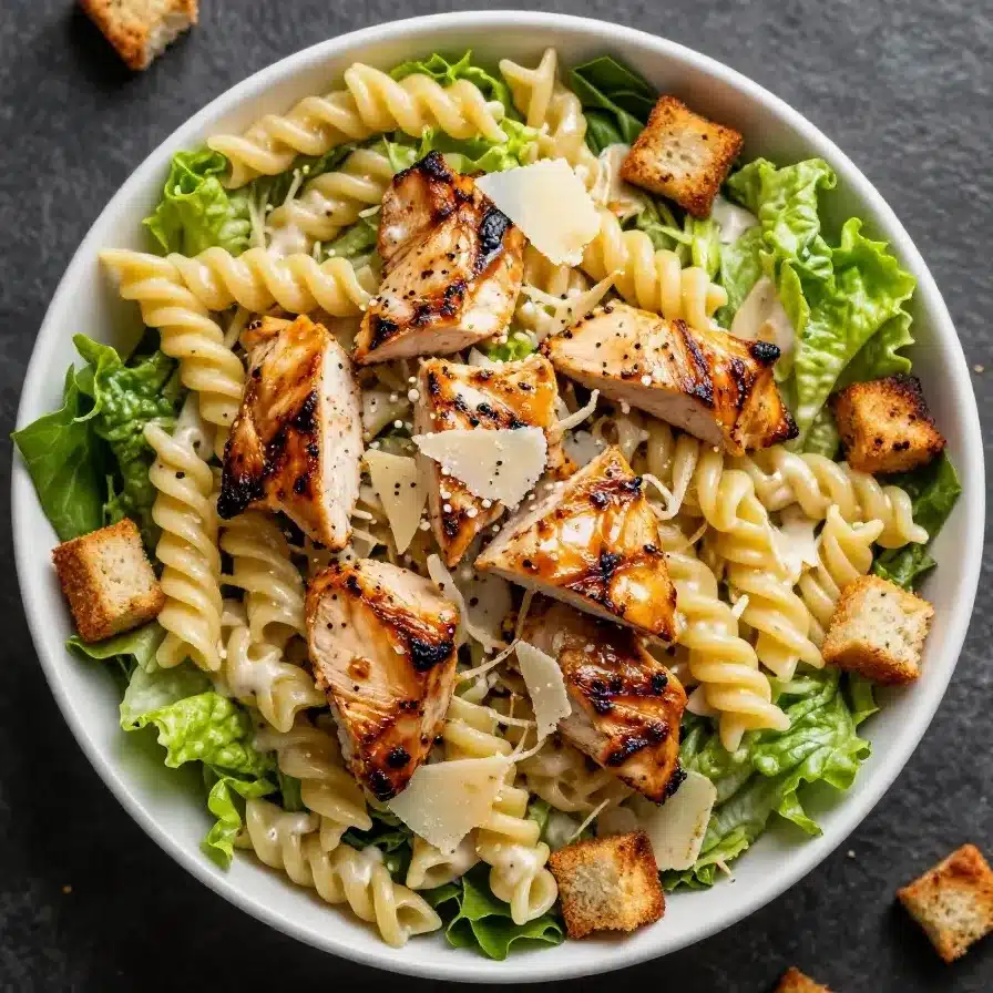 A vibrant bowl of chicken Caesar pasta salad with fresh greens and croutons