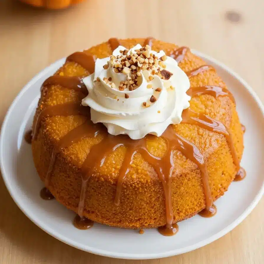 Dreamy Moist Caramel Pumpkin Poke Cake Recipe For Fall Baking 5 A slice of moist caramel pumpkin poke cake topped with whipped cream and caramel drizzle
