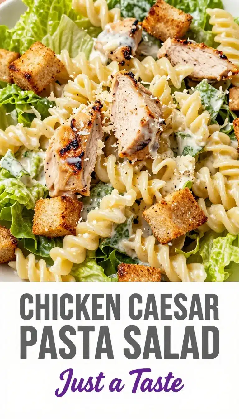 A vibrant bowl of chicken Caesar pasta salad with fresh greens and croutons