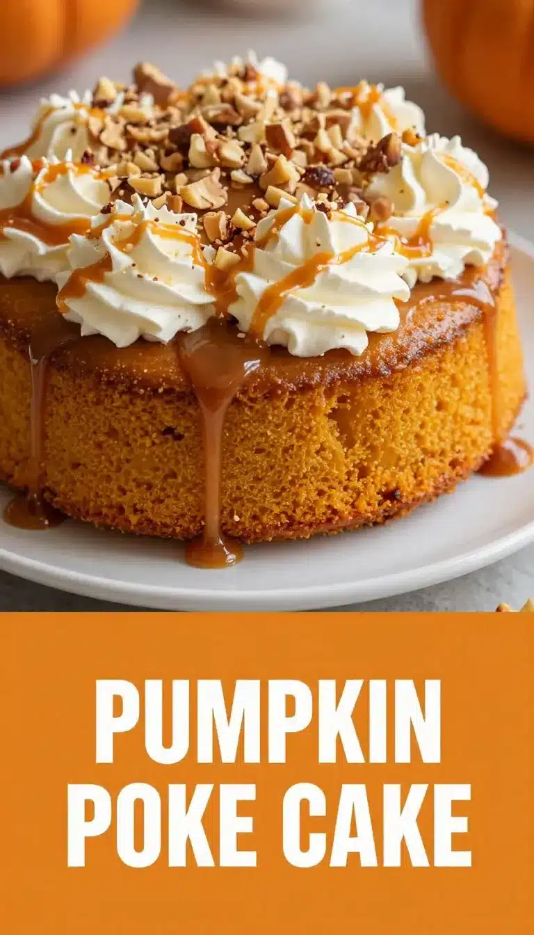 Dreamy Moist Caramel Pumpkin Poke Cake Recipe For Fall Baking 9 A slice of moist caramel pumpkin poke cake topped with whipped cream and caramel drizzle