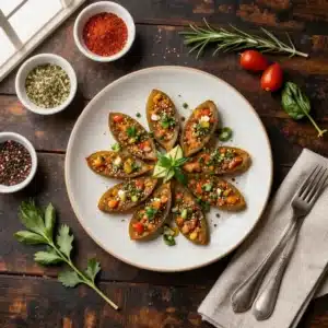 A plate of crispy cowboy jalapeño poppers stuffed with cheese and wrapped in bacon.