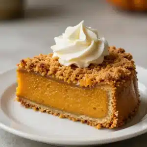 A delicious slice of pumpkin crumble cake topped with a sprinkle of cinnamon and walnuts.