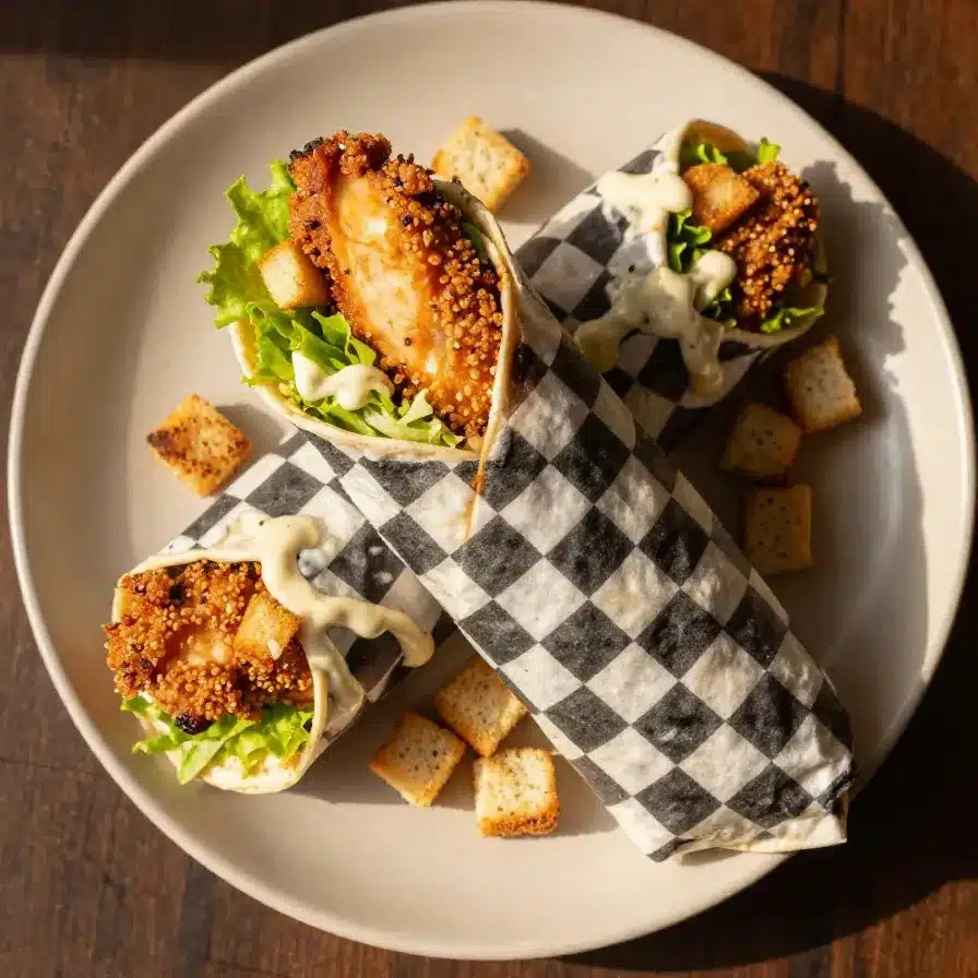 Crispy Chicken Caesar Salad Wrap 5 A delicious crispy chicken Caesar salad wrap cut in half, showcasing fresh ingredients.