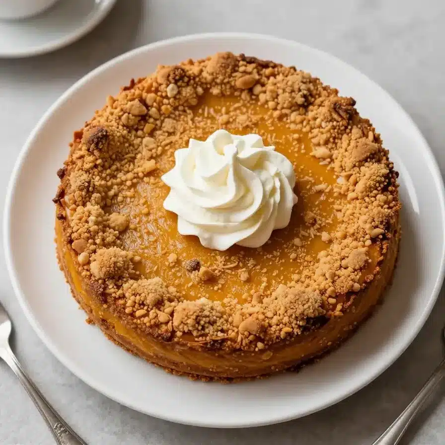 Pumpkin Crumble Cake 5 A delicious slice of pumpkin crumble cake topped with a sprinkle of cinnamon and walnuts.
