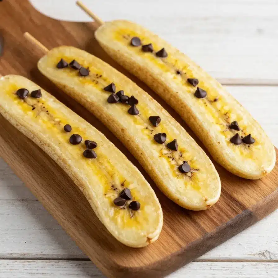 A stack of banana pancake pops served on a wooden plate with syrup drizzled on top