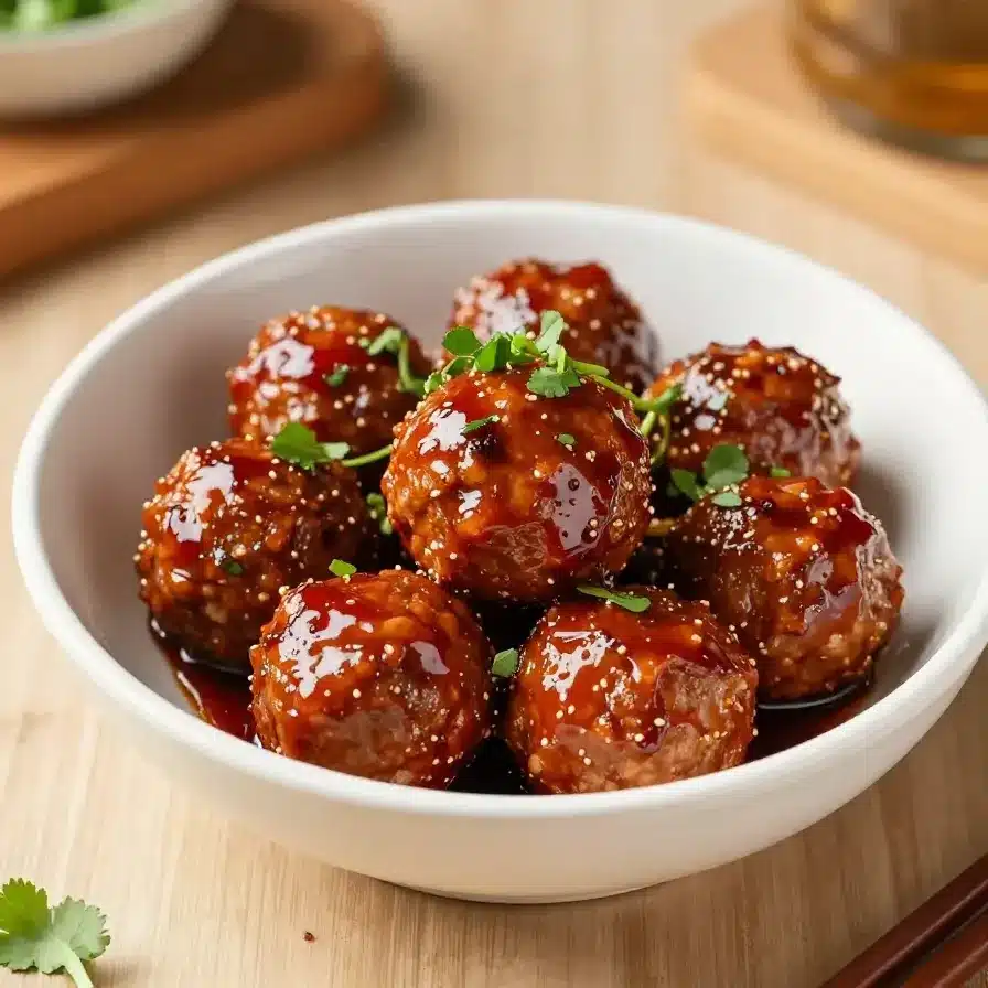 Sweet Chili Meatballs Crockpot 5 Close-up of sweet chili meatballs served in a crockpot, garnished with fresh parsley.