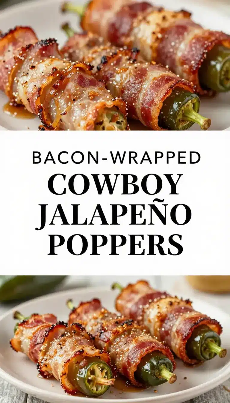 A plate of crispy cowboy jalapeño poppers stuffed with cheese and wrapped in bacon.