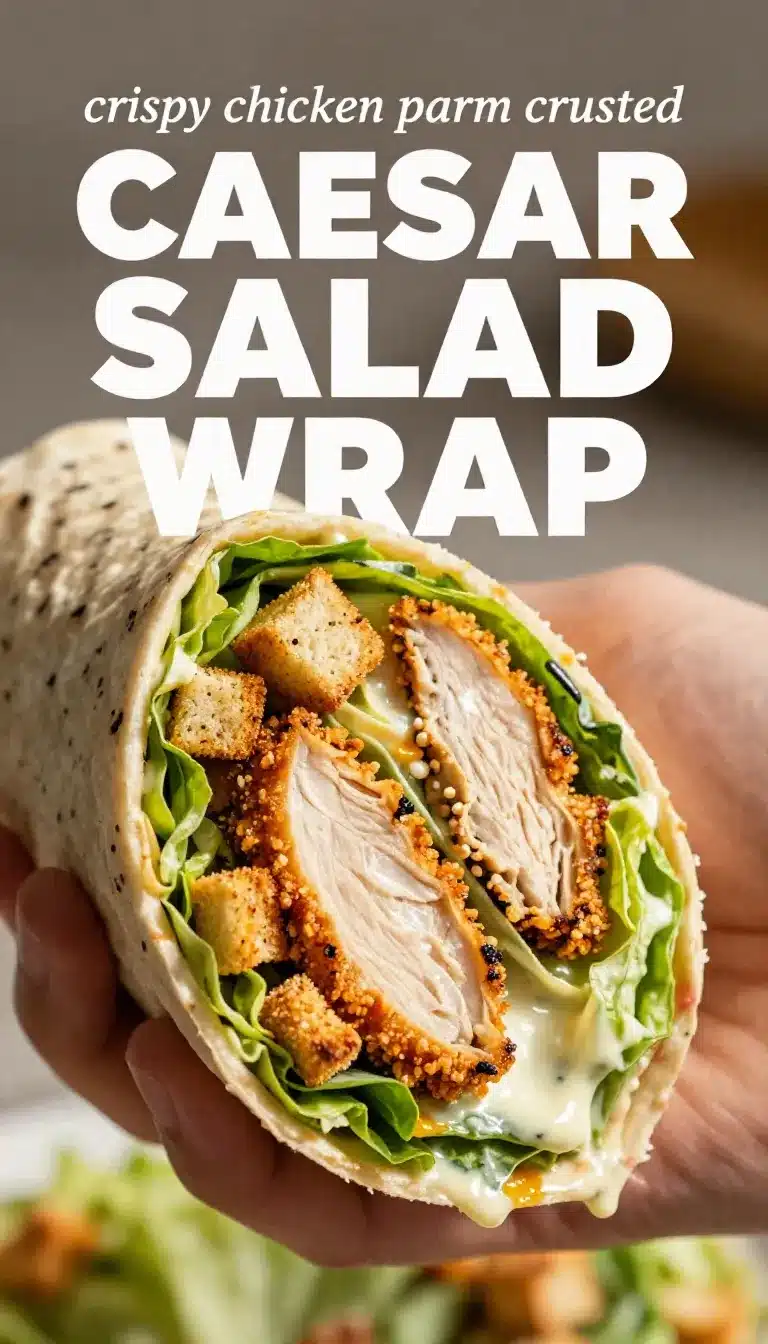 Crispy Chicken Caesar Salad Wrap 8 A delicious crispy chicken Caesar salad wrap cut in half, showcasing fresh ingredients.