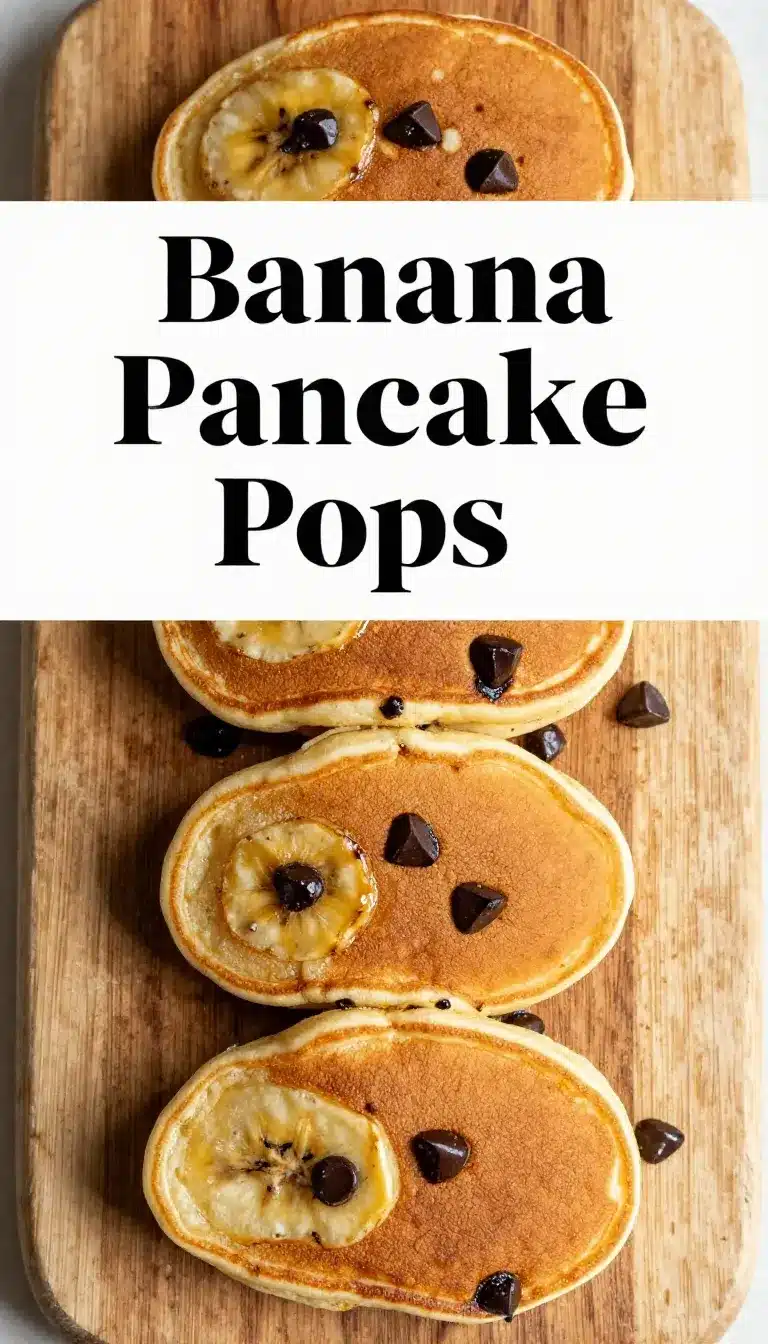 A stack of banana pancake pops served on a wooden plate with syrup drizzled on top