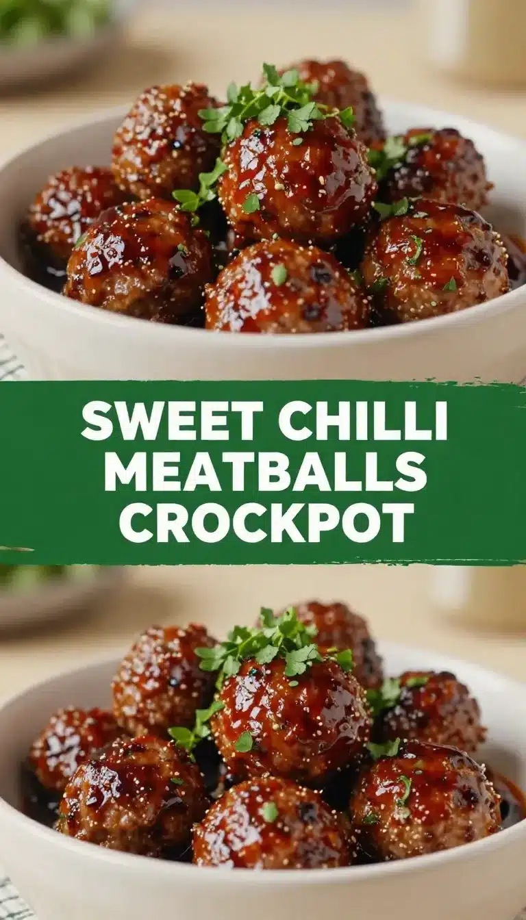 Sweet Chili Meatballs Crockpot 9 Close-up of sweet chili meatballs served in a crockpot, garnished with fresh parsley.