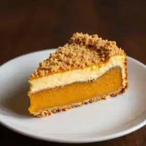 A slice of pumpkin crunch cake topped with cream cheese frosting and sprinkled with nuts