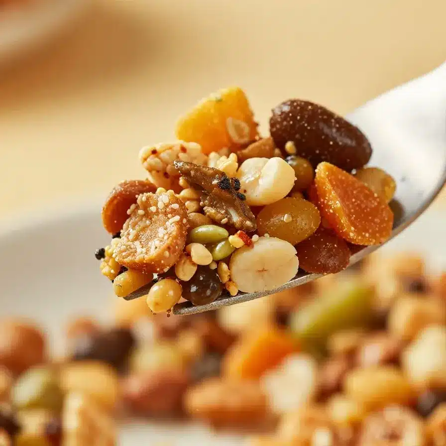 Close-up of a bowl filled with ranch trail mix snack mix, featuring pretzels, nuts, and crackers.
