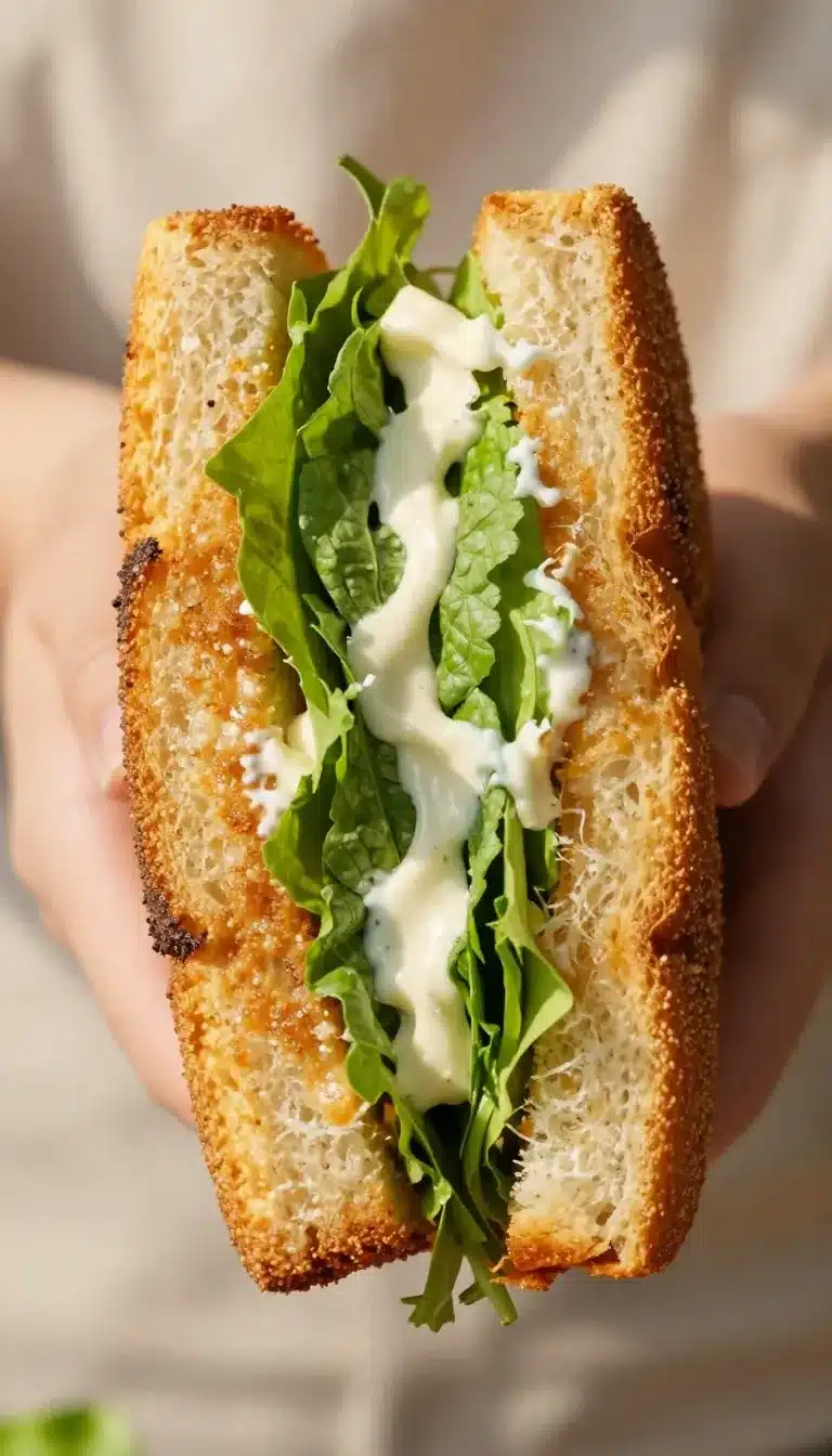 Caesar Salad Sandwich Recipe with Crunchy Chicken 9 A delicious Caesar salad sandwich featuring crunchy chicken and fresh lettuce on a toasted bun