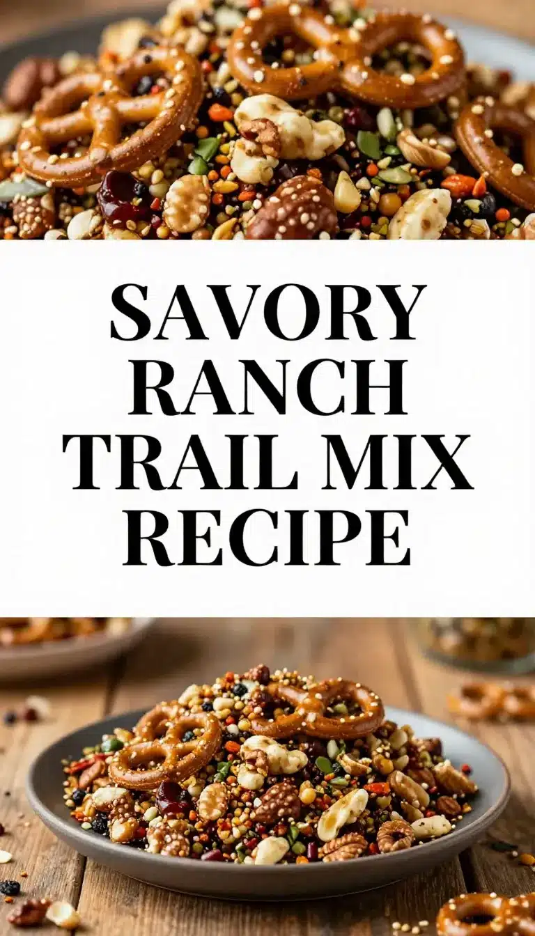 Close-up of a bowl filled with ranch trail mix snack mix, featuring pretzels, nuts, and crackers.