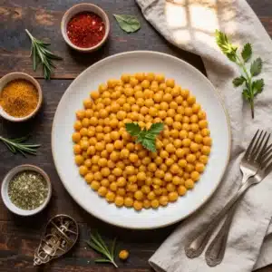 A bowl of creamy chickpea dish garnished with fresh herbs on a wooden table.