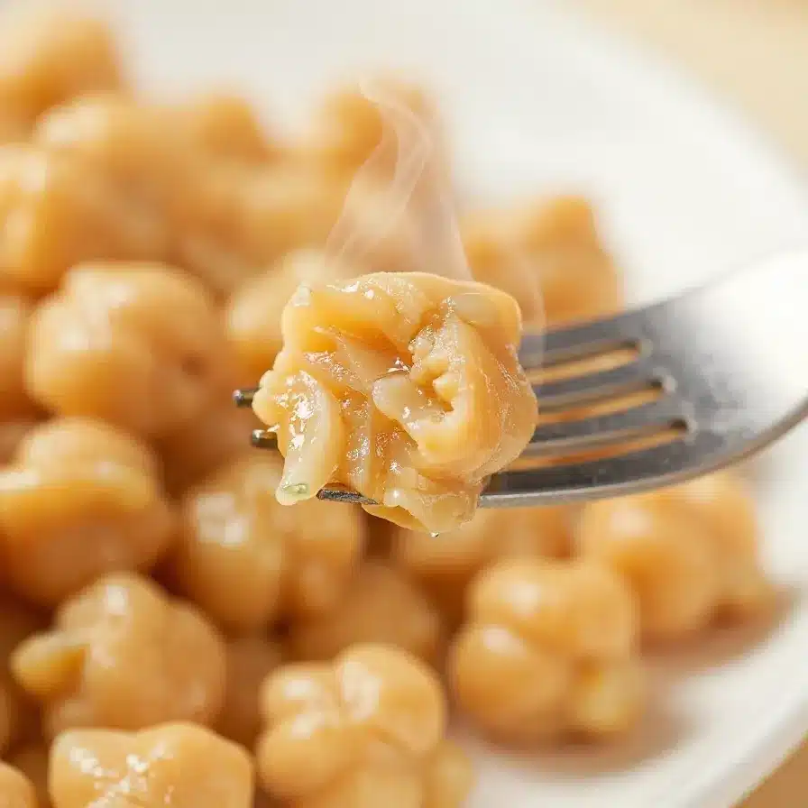 A bowl of creamy chickpea dish garnished with fresh herbs on a wooden table.