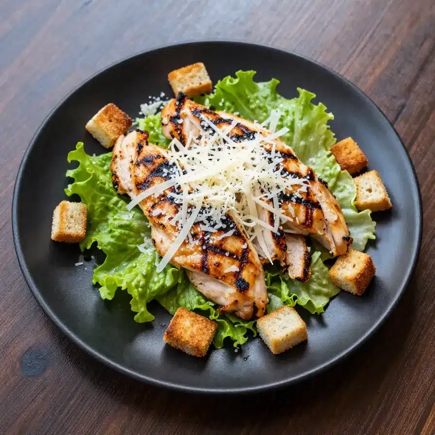 Healthy Caesar Salad with Chicken 5 A vibrant healthy Caesar salad topped with grilled chicken, romaine lettuce, and croutons
