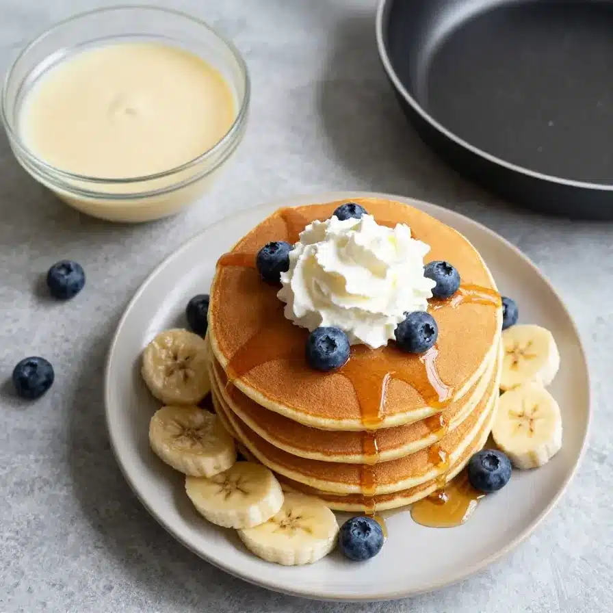 Fluffy Banana Pancakes for a Delightful Morning Treat 5 A stack of fluffy banana pancakes topped with sliced bananas and syrup