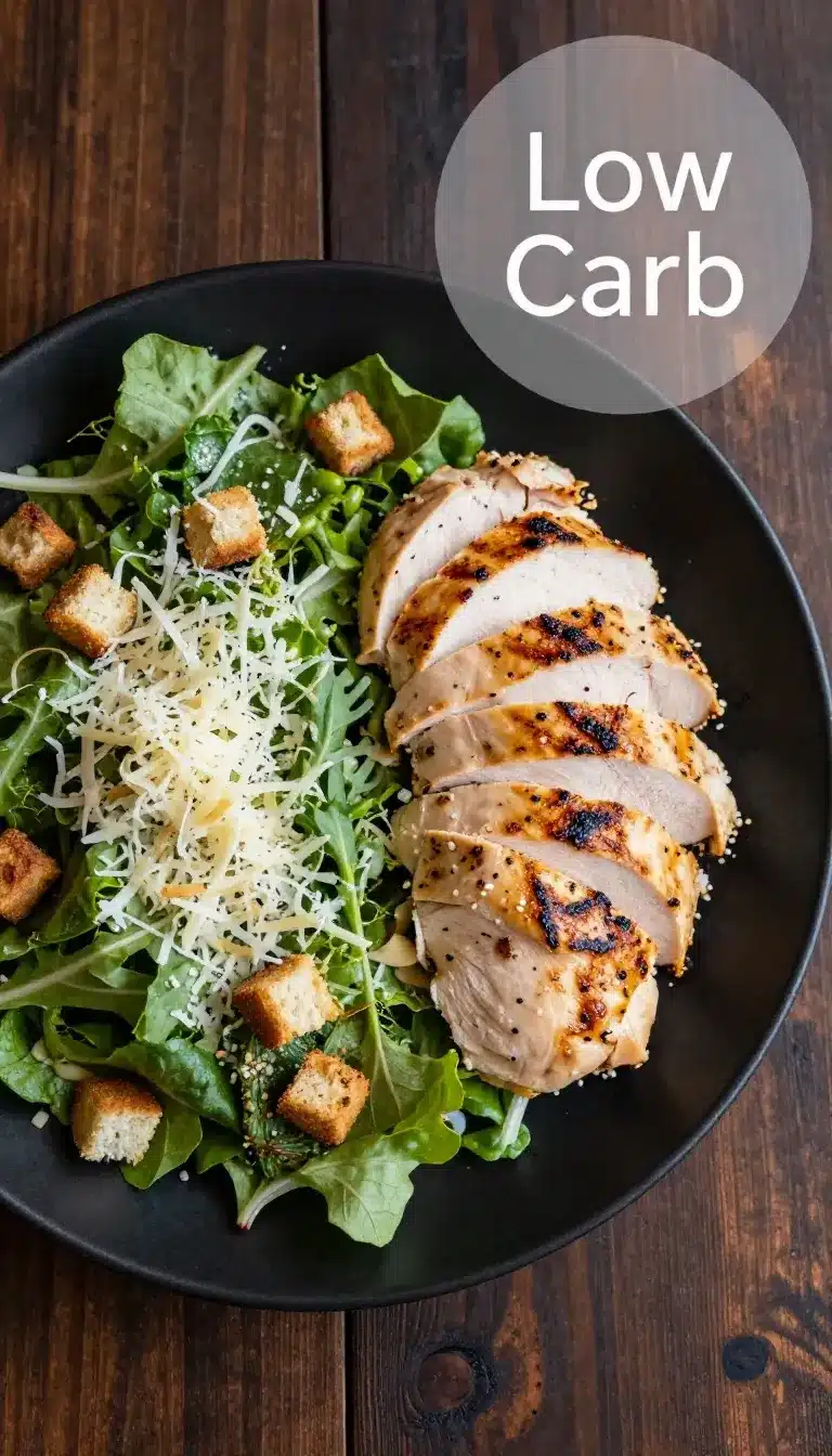 Healthy Caesar Salad with Chicken 8 A vibrant healthy Caesar salad topped with grilled chicken, romaine lettuce, and croutons