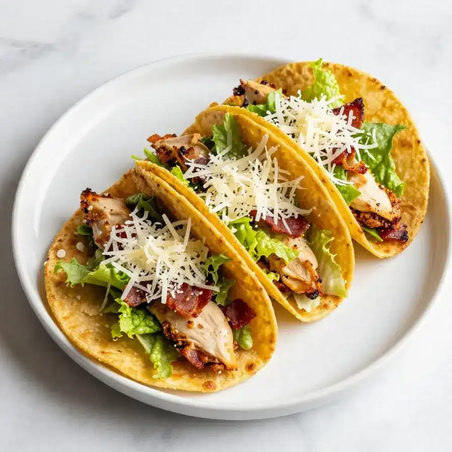 Delicious Smash Chicken Caesar Tacos served on a wooden board