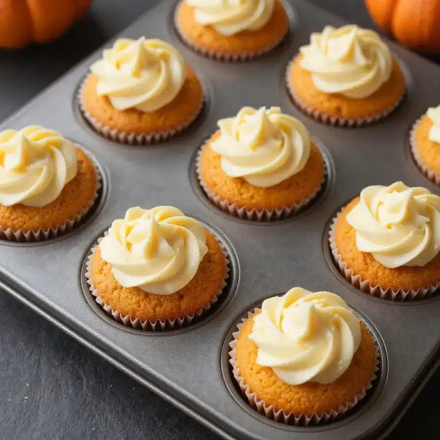 A freshly baked pumpkin cream cheese swirl muffin on a wooden table