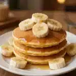 Banana Pancake Recipe - Moist and Fluffy 4 A stack of moist and fluffy banana pancakes drizzled with syrup and topped with sliced bananas